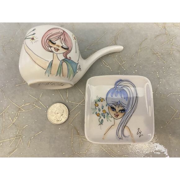 Miniature Midcentury Trinket Dishes Mod 60's Swinging Girl Handpainted Portraits - Picture 6 of 6